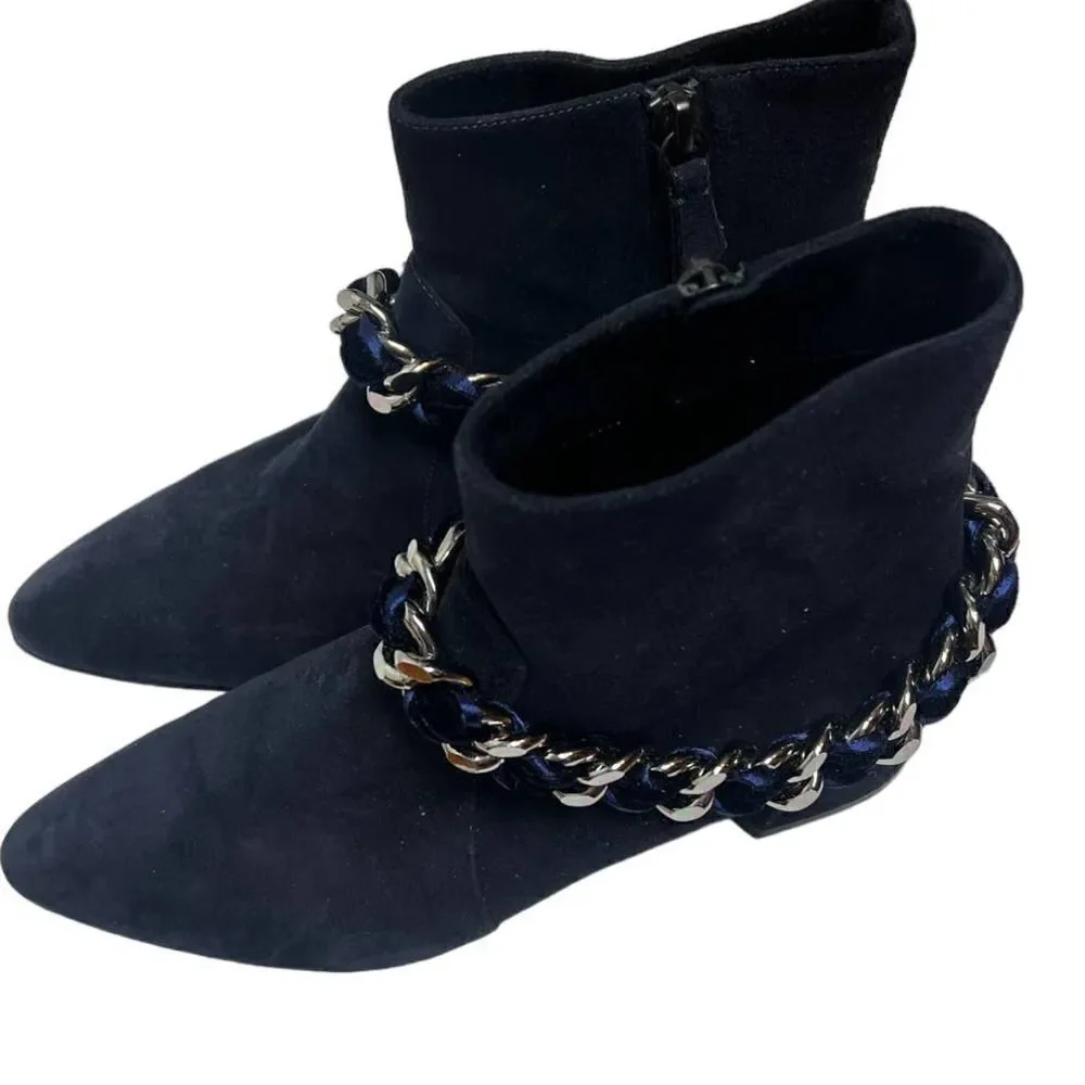Casadei Dark Navy Suede Ankle Boots with Chain Sz. 36.5 (US 6.5)